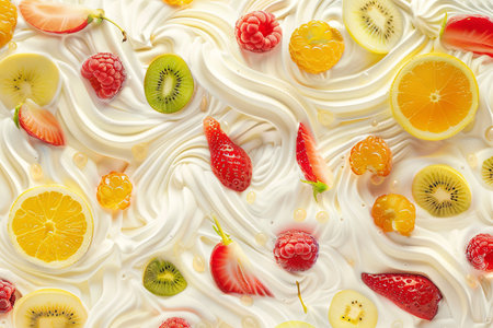 A close-up view of whipped cream with a variety of fresh fruit, including kiwi, strawberries, raspberries, and oranges.の素材