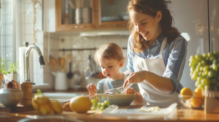 A mother and her young child are baking together in a bright and sunny kitchen. The child is sitting on a stool, while the mother helps them stir a bowl of ingredients.の素材