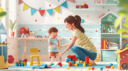 A loving mother smiles at her toddler son as they play together on the floor of a colorful playroom.の素材