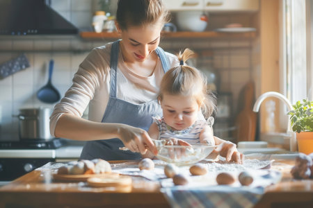 A mother and daughter bake together in a warm and inviting kitchen.の素材