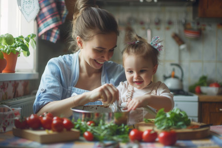A mother and her young child happily cook together in their kitchen, surrounded by fresh ingredients.の素材