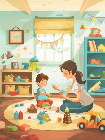 Mother and child playing on kitchen floor. Child holds toy, mother smiles lovingly.の素材