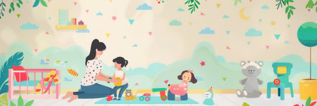 A mother and her child play together in a bright and cheerful kitchen, enjoying a happy moment.の素材