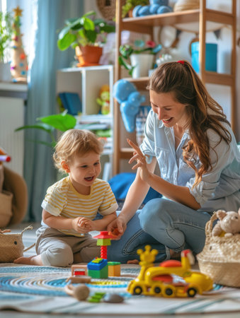 A mother and her child are having fun playing with toys on the floor of a bright and cheerful kitchen.の素材
