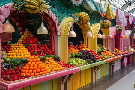 An array of colorful fruit stands at a Parisian market, filled with fresh produce like oranges, apples, and strawberries.の素材