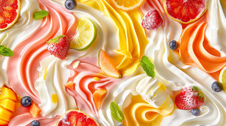A close-up view of whipped cream swirled with fruit and mint garnish.の素材