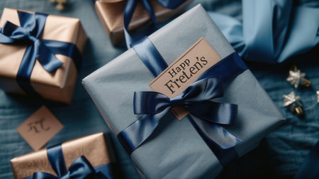Two beautifully wrapped gift boxes in shades of blue with dark blue ribbons and a Happy Fathers Day tag.の素材