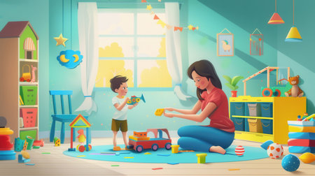 A mother and her son are playing with toys in a bright, sunny kitchen. They are having fun and enjoying each others company.の素材