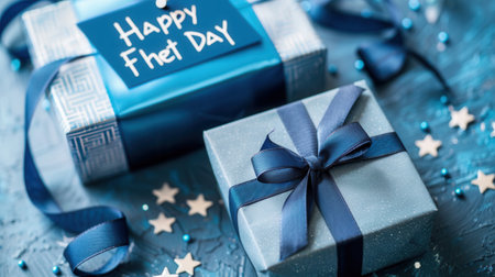 Two beautifully wrapped gift boxes in shades of blue with dark blue ribbons and a Happy Fathers Day tag.の素材