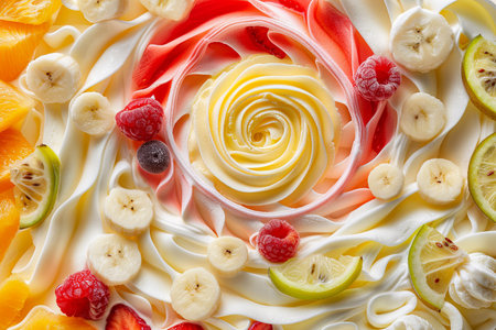 Close-up of a creamy dessert topped with banana slices, lemon wedges, raspberries, and red icing swirl for a visually appealing presentation.の素材