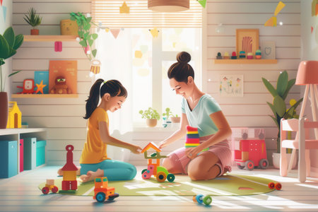 A mother and daughter happily play with building blocks in a home kitchen. The scene is warm and inviting, perfect for family fun.の素材