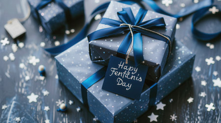Two gift boxes wrapped in blue paper with dark blue ribbons and a Happy Fathers Day tag.の素材