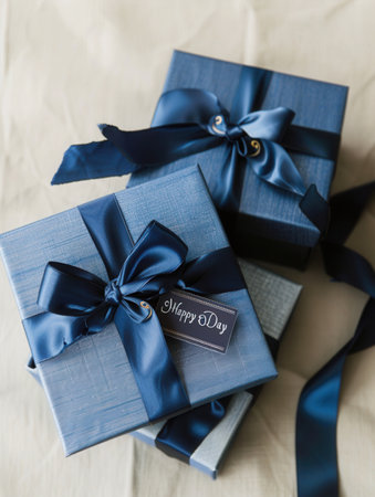 Two elegant gift boxes wrapped in shades of blue with dark blue ribbons and a Happy Fathers Day tag.の素材