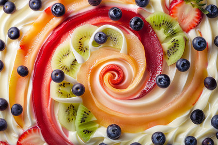A close-up shot of a creamy dessert topped with sliced kiwi, peach, and strawberry.の素材