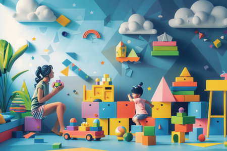 A mother and her child play in a brightly colored kitchen, surrounded by playful blocks and toys. The scene is warm and inviting, perfect for families and children.の素材