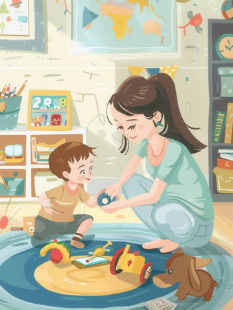 Mother and son happily playing with toys in the kitchen. Boy sits on the floor, mother squats down to join him. Smiles all around, having fun.の素材