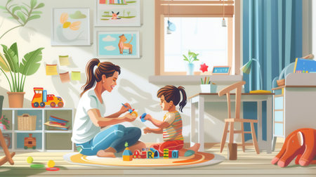 A mother and daughter are seated on the floor in a bright kitchen, playfully interacting with colorful blocks.の素材