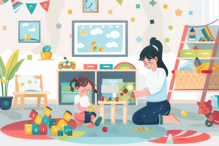 A mother and her young daughter are playing together in a colorful playroom filled with toys. The scene captures the joy and connection between parent and child.の素材