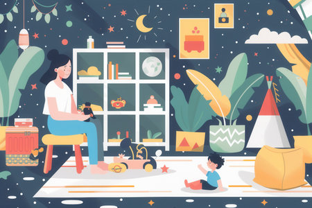 A mother and child are spending quality time together in their kitchen. The mother is sitting on a stool, while her child plays with a toy car on the floor.の素材