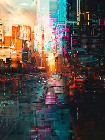 A futuristic cityscape with digital towers glowing in vibrant neon colors.の素材