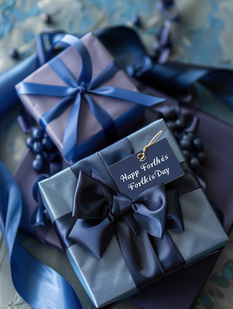 Two elegantly wrapped gift boxes in shades of blue, adorned with dark blue ribbons and a Happy Fathers Day tag.の素材