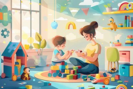 A happy mother and her child play together in a bright and cheerful kitchen.の素材