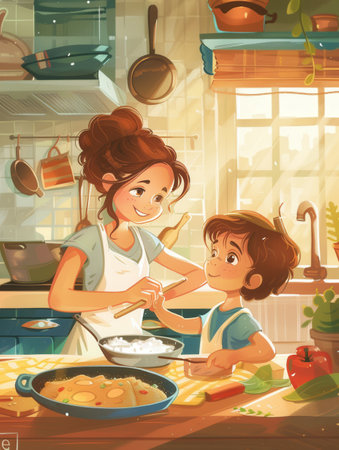 A mother and her young child are cooking together in their bright and sunny kitchen. The child is eagerly helping, making it a fun and engaging experience for both of them.の素材