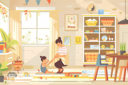 A mother and child play together in a cheerful kitchen, creating a warm and inviting atmosphere.の素材