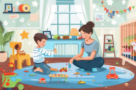 A happy mother and her child are playing with toy cars on a play mat in a cozy living room.の素材