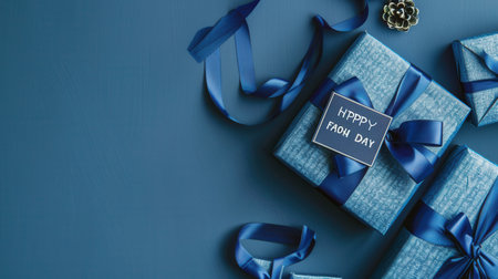 Two elegantly wrapped blue gift boxes with dark blue ribbons and a Happy Fathers Day tag on a blue background.の素材