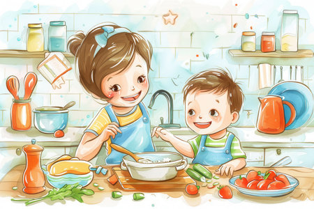 A happy mother and son prepare a meal together in the kitchen.の素材