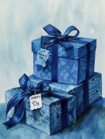 Two elegantly wrapped blue gift boxes tied with dark blue ribbons and Happy Fathers Day tags.の素材