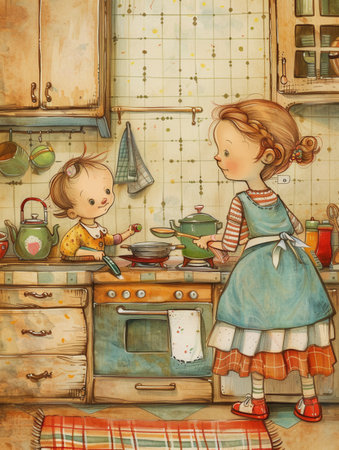 A mother and her young child cook together in a charming kitchen. They are engaged in a playful activity, creating a warm and inviting atmosphere.の素材