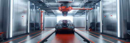 A robotic painting system in a modern car painting shop, featuring a sleek and clean design for automotive manufacturers. Generative AIの素材
