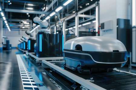 A close-up view of a robotic painting system in a modern automotive painting shop, showing the precision and efficiency of automated car painting processes.の素材