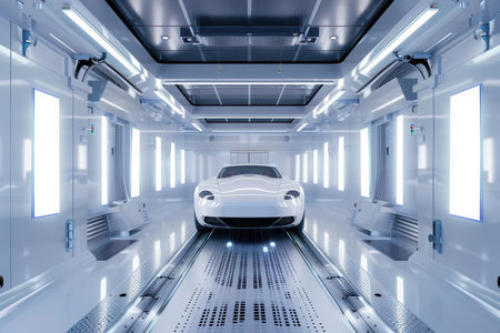 A sleek, modern automotive paint shop with robotic painting systems, showcasing a white car undergoing the painting process.の素材