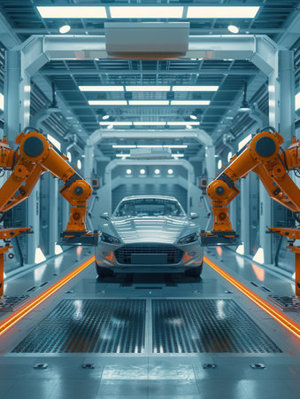 Two robotic arms work together in a modern automotive painting shop, applying paint to a sleek car.の素材