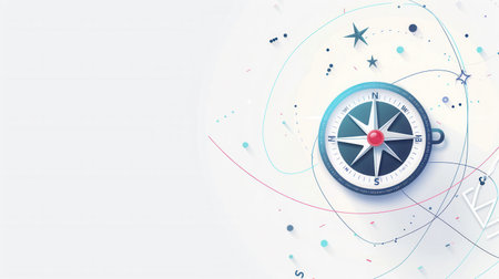 A clean, minimalist design featuring a compass with clear lines on a white background. Ideal for navigation apps and travel services.の素材