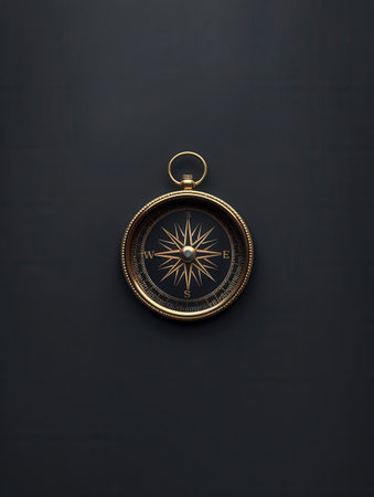 A simple image of a classic compass on a black background. This image is ideal for navigation apps, travel services, and other ventures related to direction and exploration.の素材