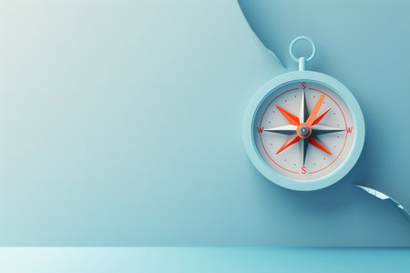 A minimalist illustration of a compass on a light blue background, perfect for navigation apps and travel services.の素材