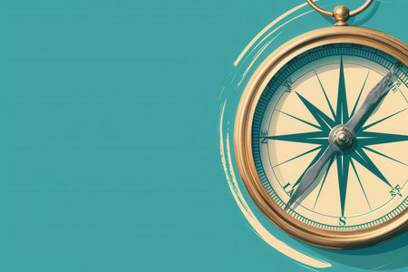 A classic compass with a clear, well-defined face. The compass is set against a simple teal background.の素材