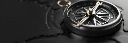 A close-up of a compass with clear lines on a black background. Ideal for navigation apps and travel services.の素材