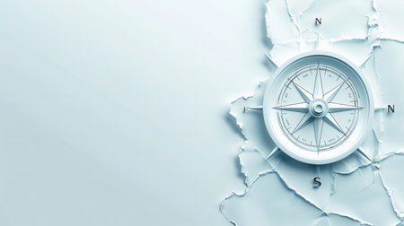 A close-up shot of a white compass with clear lines on a light blue background. This simple and symbolic image is ideal for navigation apps and travel services.の素材