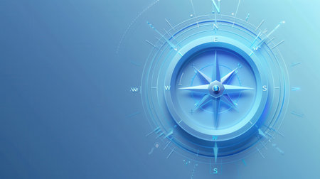 A minimalist compass illustration with clean lines and a blue background. Perfect for navigation apps and travel services.の素材