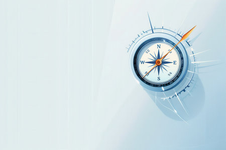 A close-up shot of a compass with clear lines against a white background. The compass is symbolic of navigation and travel.の素材