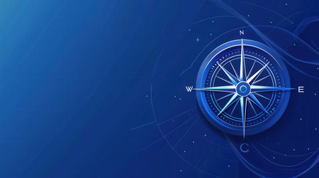 A simple and symbolic image of a compass with clear lines on a blue background, perfect for navigation apps and travel services.の素材