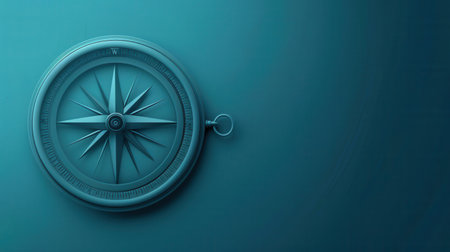 A simple compass with clear lines is displayed on a teal background. This image is ideal for use in navigation apps and travel services.の素材