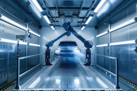 A modern automotive painting shop features robotic systems that precisely apply paint to a car body, ensuring a high-quality finish.の素材