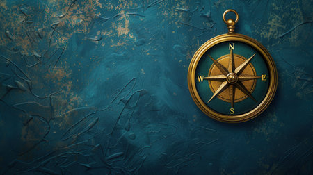 A classic compass with a golden frame sits on a textured blue background, perfect for navigation apps and travel services.の素材