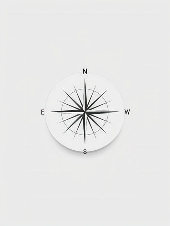 A minimalist illustration of a compass rose, featuring a black compass rose on a white background. This image is perfect for navigation apps, travel services, and websites.の素材